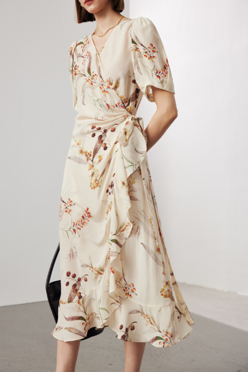 floral wrap midi dress with puff sleeves – GARDEN