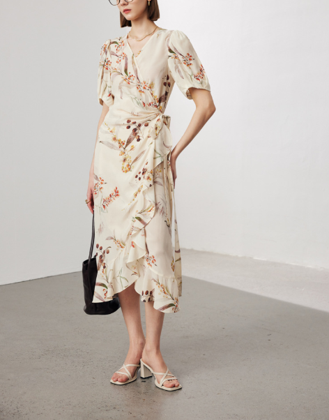 floral wrap midi dress with puff sleeves – GARDEN