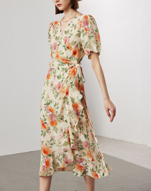floral wrap midi dress with puff sleeves – GARDEN