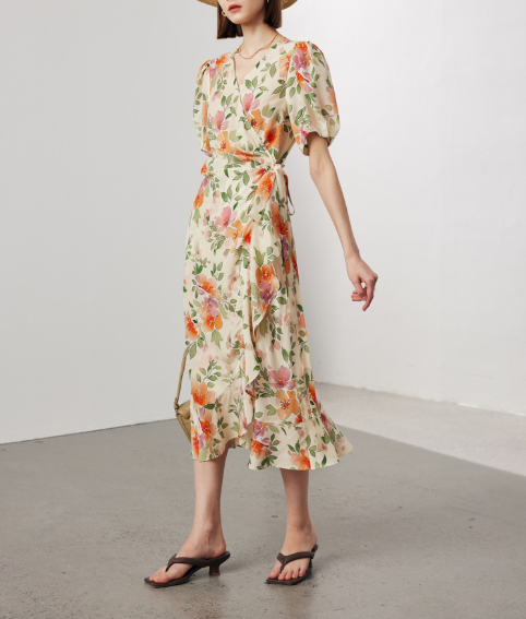 floral wrap midi dress with puff sleeves – GARDEN