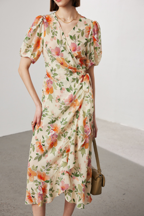 floral wrap midi dress with puff sleeves – GARDEN