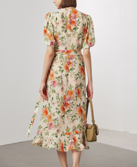 floral wrap midi dress with puff sleeves – GARDEN