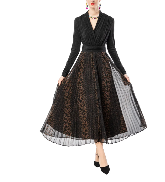 wrap-style knit top with printed pleated midi skirt – MOCHA