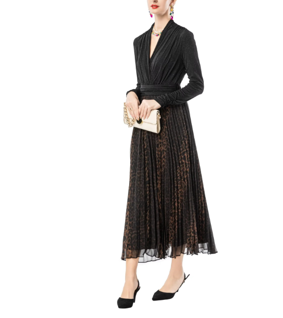 wrap-style knit top with printed pleated midi skirt – MOCHA
