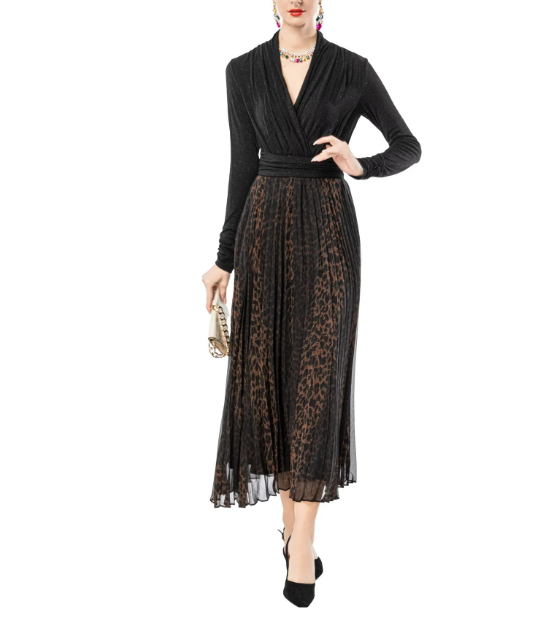 wrap-style knit top with printed pleated midi skirt – MOCHA