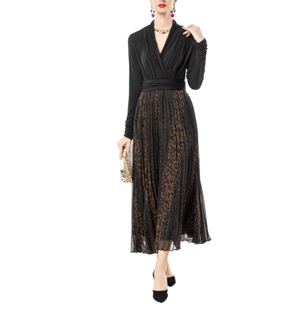 wrap-style knit top with printed pleated midi skirt – MOCHA