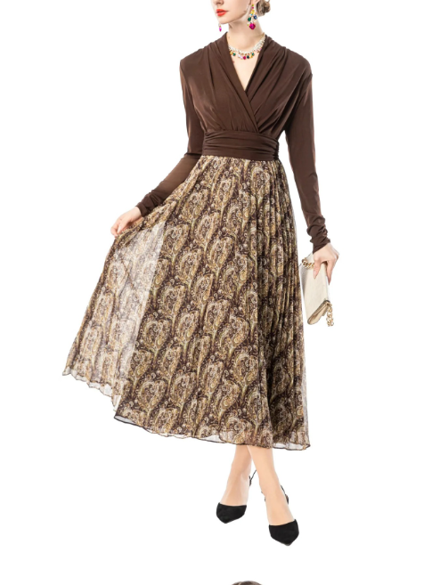 wrap-style knit top with printed pleated midi skirt – MOCHA