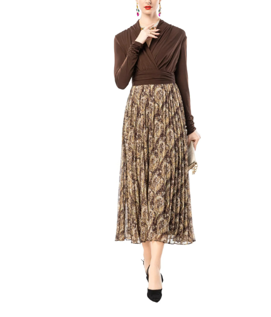 wrap-style knit top with printed pleated midi skirt – MOCHA
