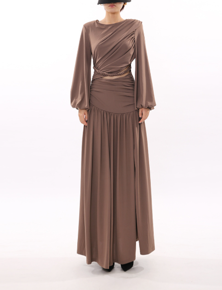 draped long-sleeve maxi dress with braided waist – MOCHA