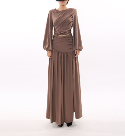 draped long-sleeve maxi dress with braided waist – MOCHA