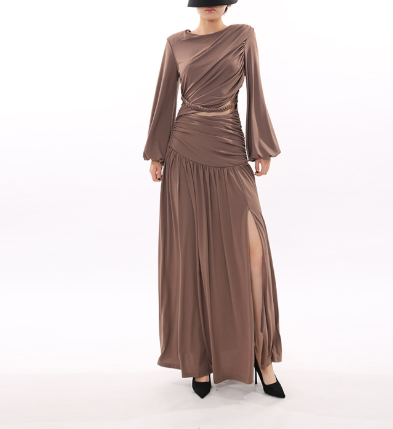 draped long-sleeve maxi dress with braided waist – MOCHA