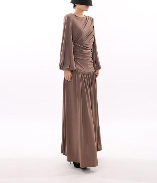draped long-sleeve maxi dress with braided waist – MOCHA