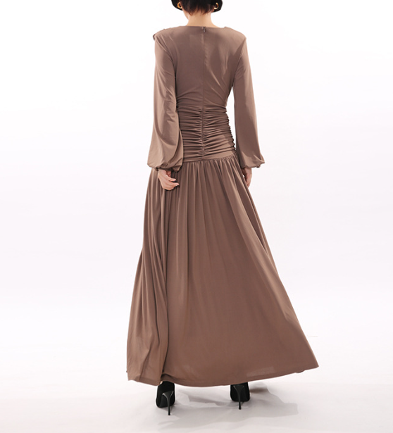draped long-sleeve maxi dress with braided waist – MOCHA