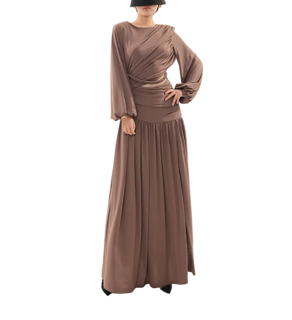 draped long-sleeve maxi dress with braided waist – MOCHA