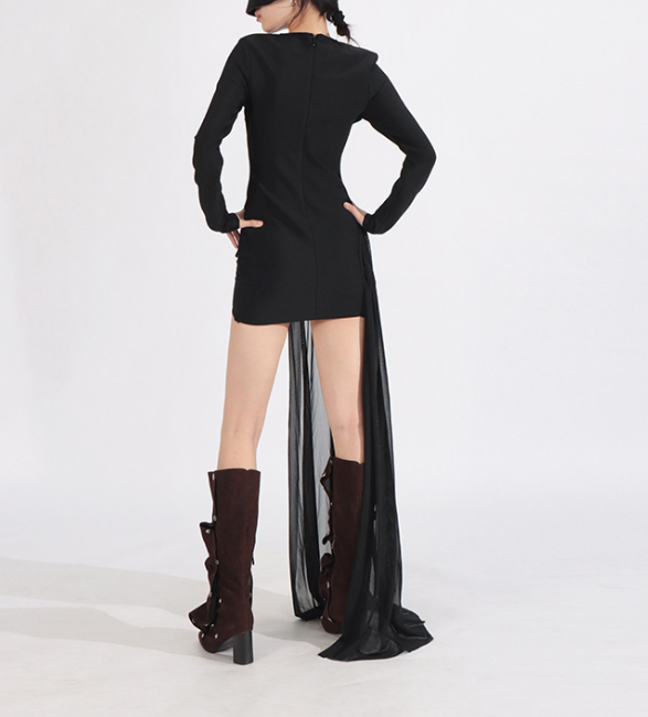 asymmetric mini dress with crystal appliqué and chiffon train – REIGN
