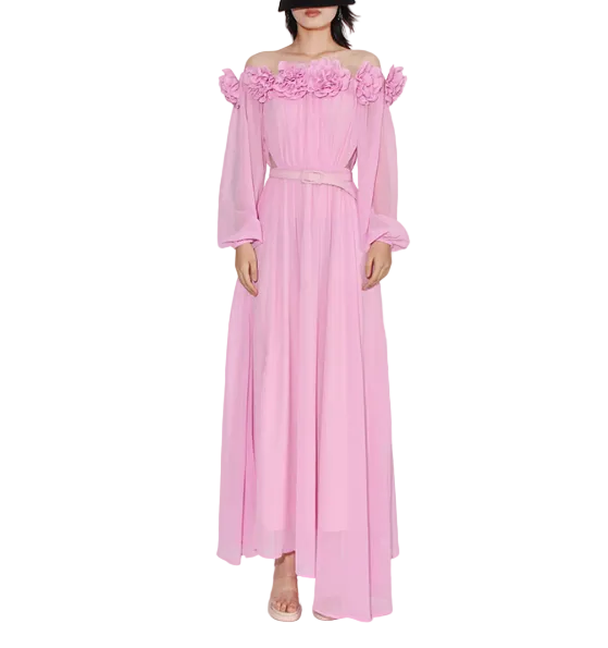 off-shoulder chiffon maxi dress with floral appliqué – SERENA