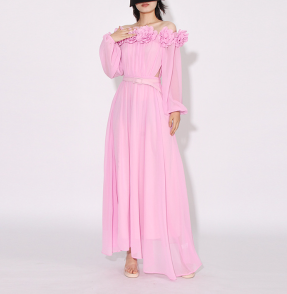 off-shoulder chiffon maxi dress with floral appliqué – SERENA