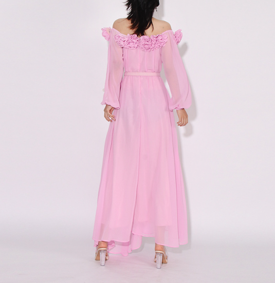 off-shoulder chiffon maxi dress with floral appliqué – SERENA