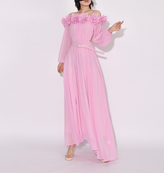 off-shoulder chiffon maxi dress with floral appliqué – SERENA