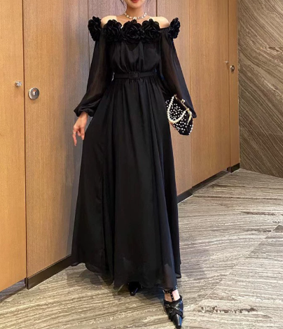 off-shoulder chiffon maxi dress with floral appliqué – SERENA