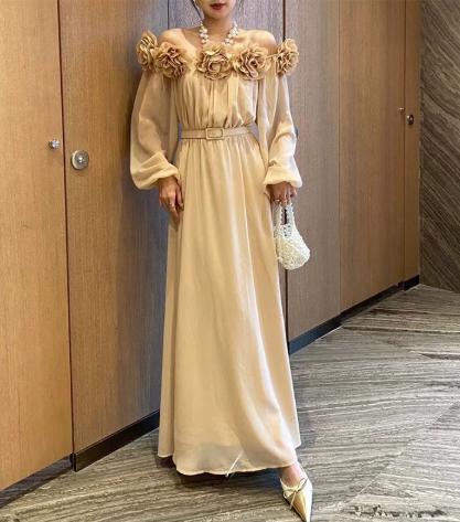 off-shoulder chiffon maxi dress with floral appliqué – SERENA