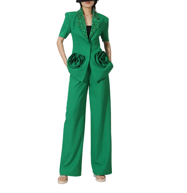 طقم مكون من بلوزة قصيرة وتنورة طويلة من الدانتيل الزهري - أزرق سماوي