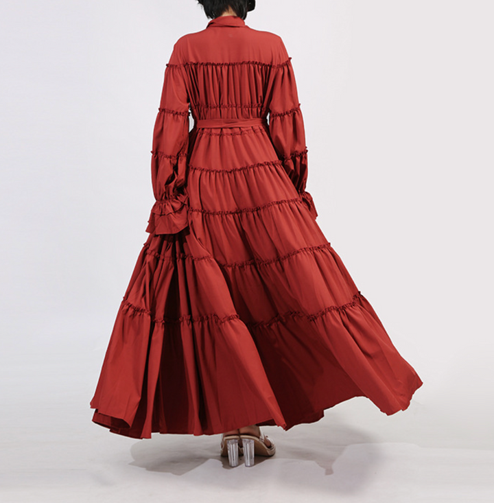 فستان ماكسي متعدد الطبقات بطبعة فنية وأكمام منتفخة - آريا