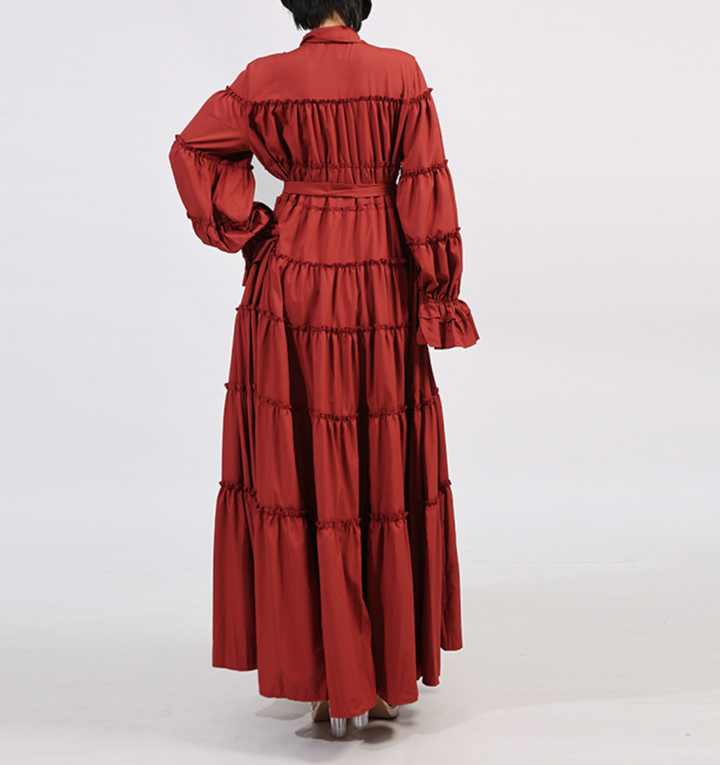 فستان ماكسي متعدد الطبقات بطبعة فنية وأكمام منتفخة - آريا