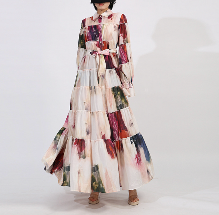 فستان ماكسي متعدد الطبقات بطبعة فنية وأكمام منتفخة - آريا