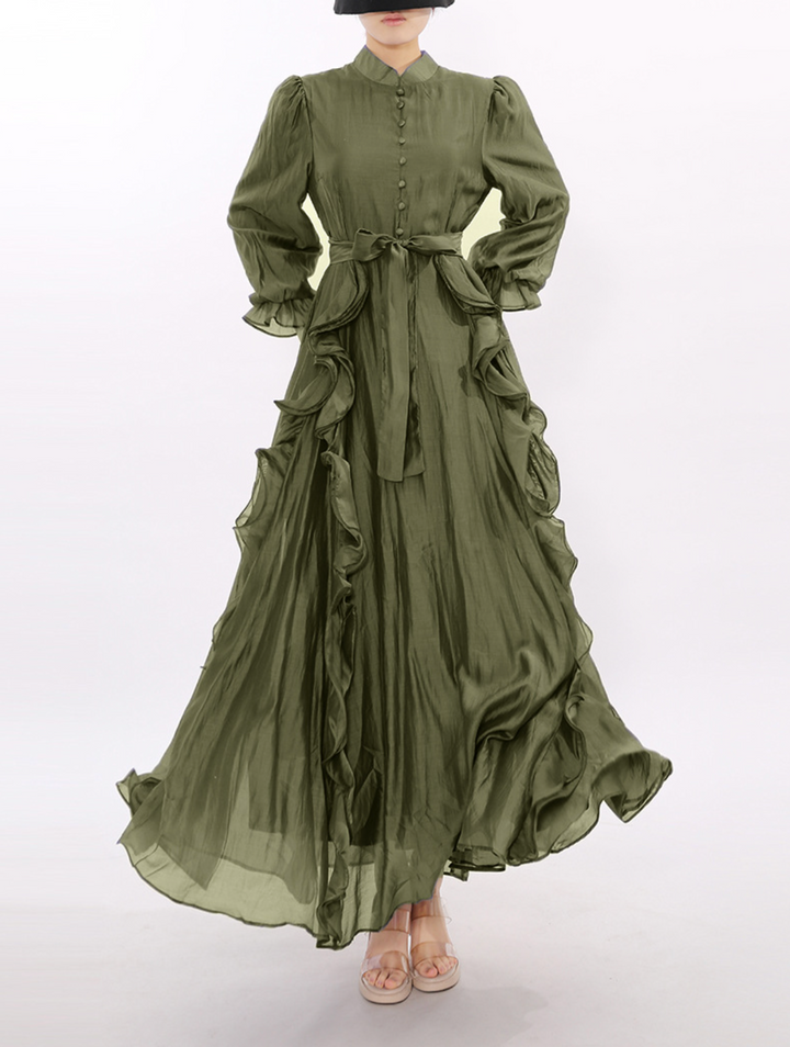 فستان ماكسي بأكمام طويلة مزين بكشكشة ورباط عند الخصر - أوليفيا