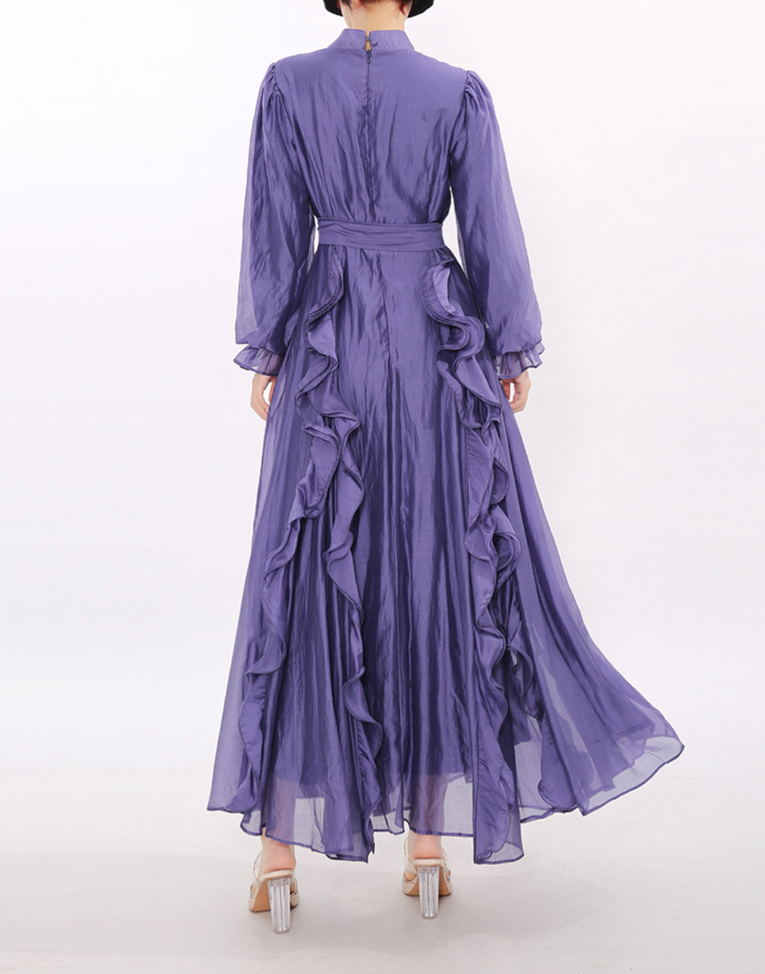 فستان ماكسي بأكمام طويلة مزين بكشكشة ورباط عند الخصر - أوليفيا