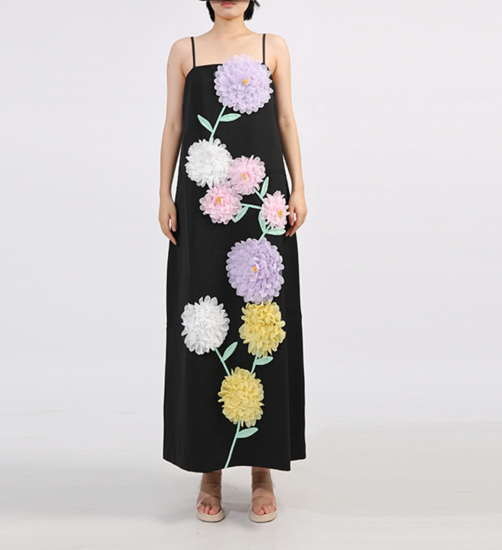 فستان عمودي بحمالات رفيعة مزين بتطريزات زهرية ثلاثية الأبعاد - أرجواني فاتح