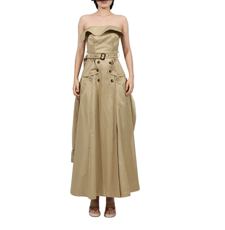 فستان ماكسي بدون حمالات بتصميم ترنش وخصر محدد بحزام - صحارى