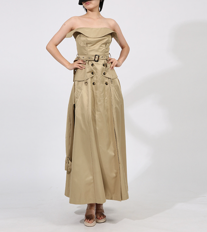 فستان ماكسي بدون حمالات بتصميم ترنش وخصر محدد بحزام - صحارى