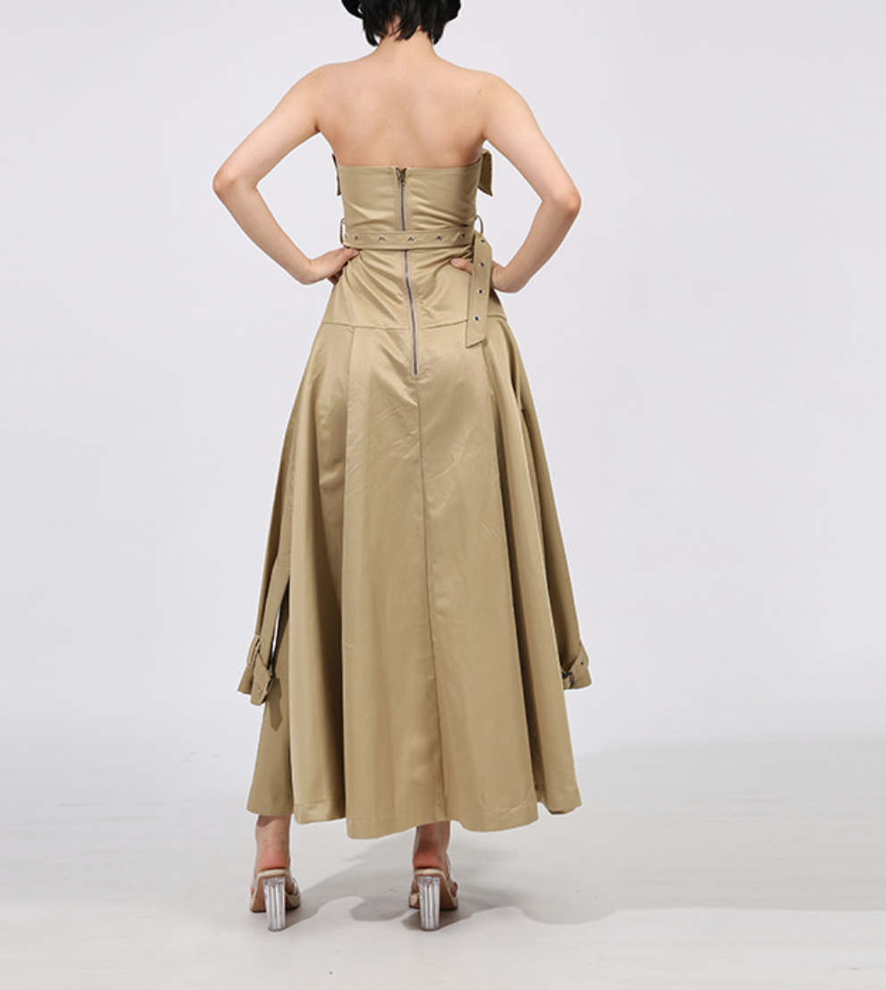 فستان ماكسي بدون حمالات بتصميم ترنش وخصر محدد بحزام - صحارى