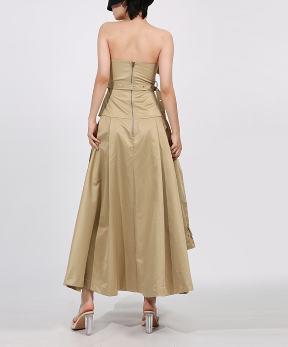 فستان ماكسي بدون حمالات بتصميم ترنش وخصر محدد بحزام - صحارى