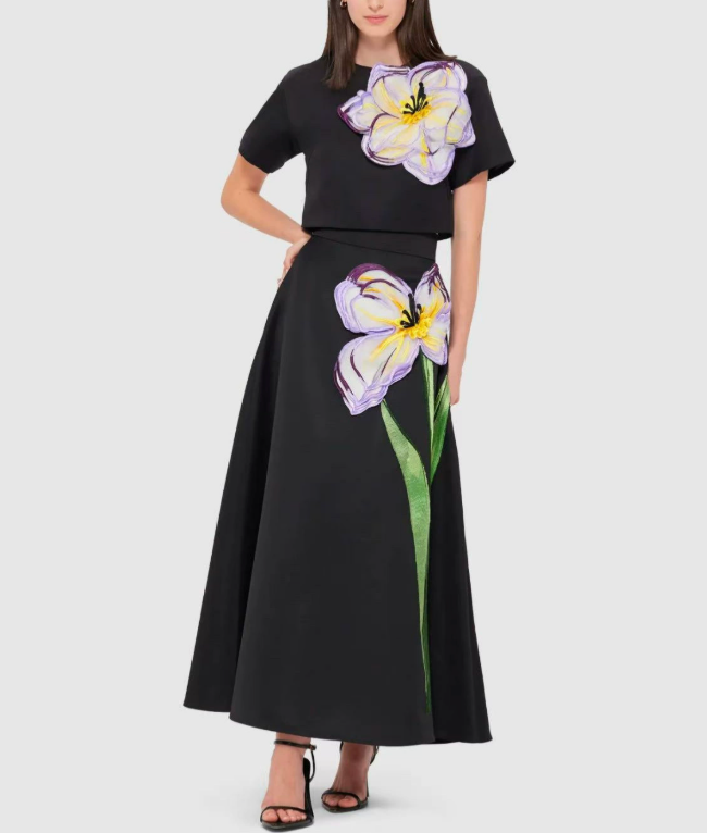 two-piece set with floral appliqué top and flowing skirt – SOLARA