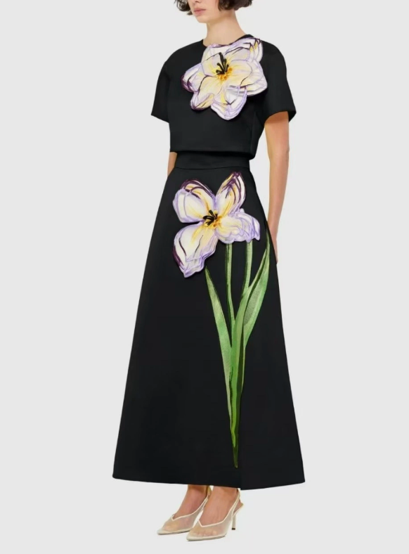 two-piece set with floral appliqué top and flowing skirt – SOLARA