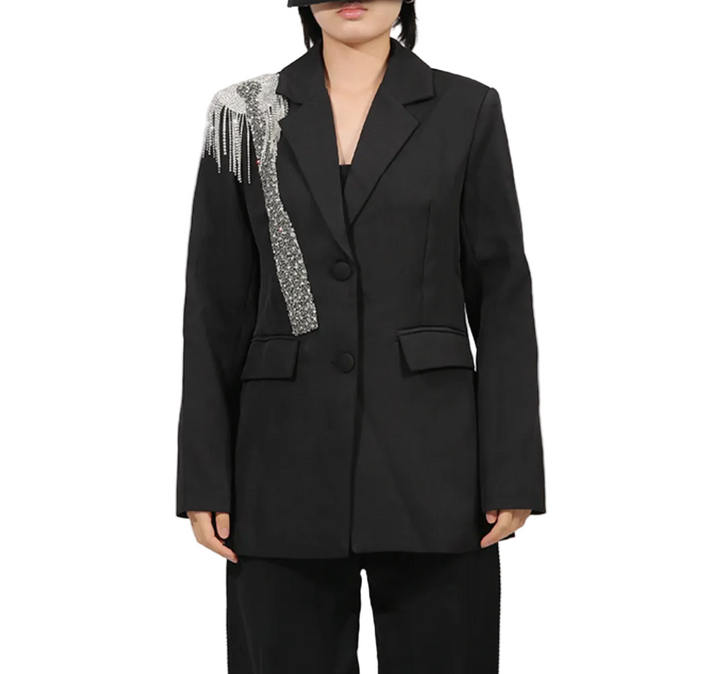 tailored blazer with crystal fringe shoulder embellishment – SILVER