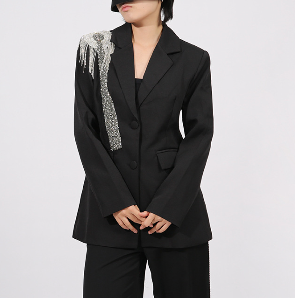 tailored blazer with crystal fringe shoulder embellishment – SILVER