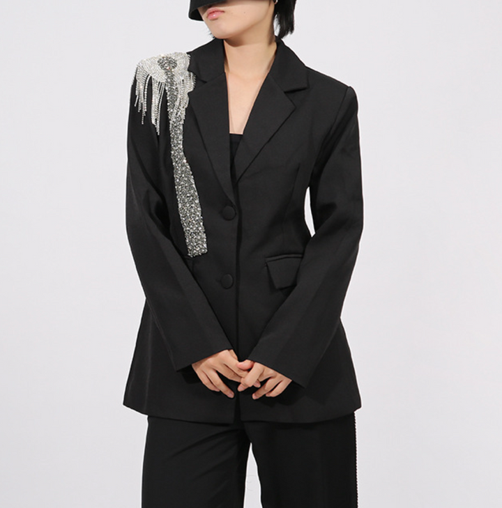 tailored blazer with crystal fringe shoulder embellishment – SILVER