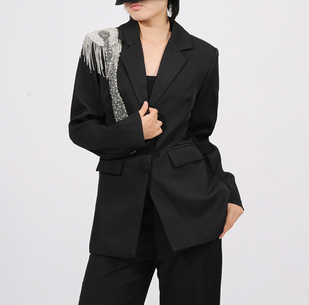 tailored blazer with crystal fringe shoulder embellishment – SILVER