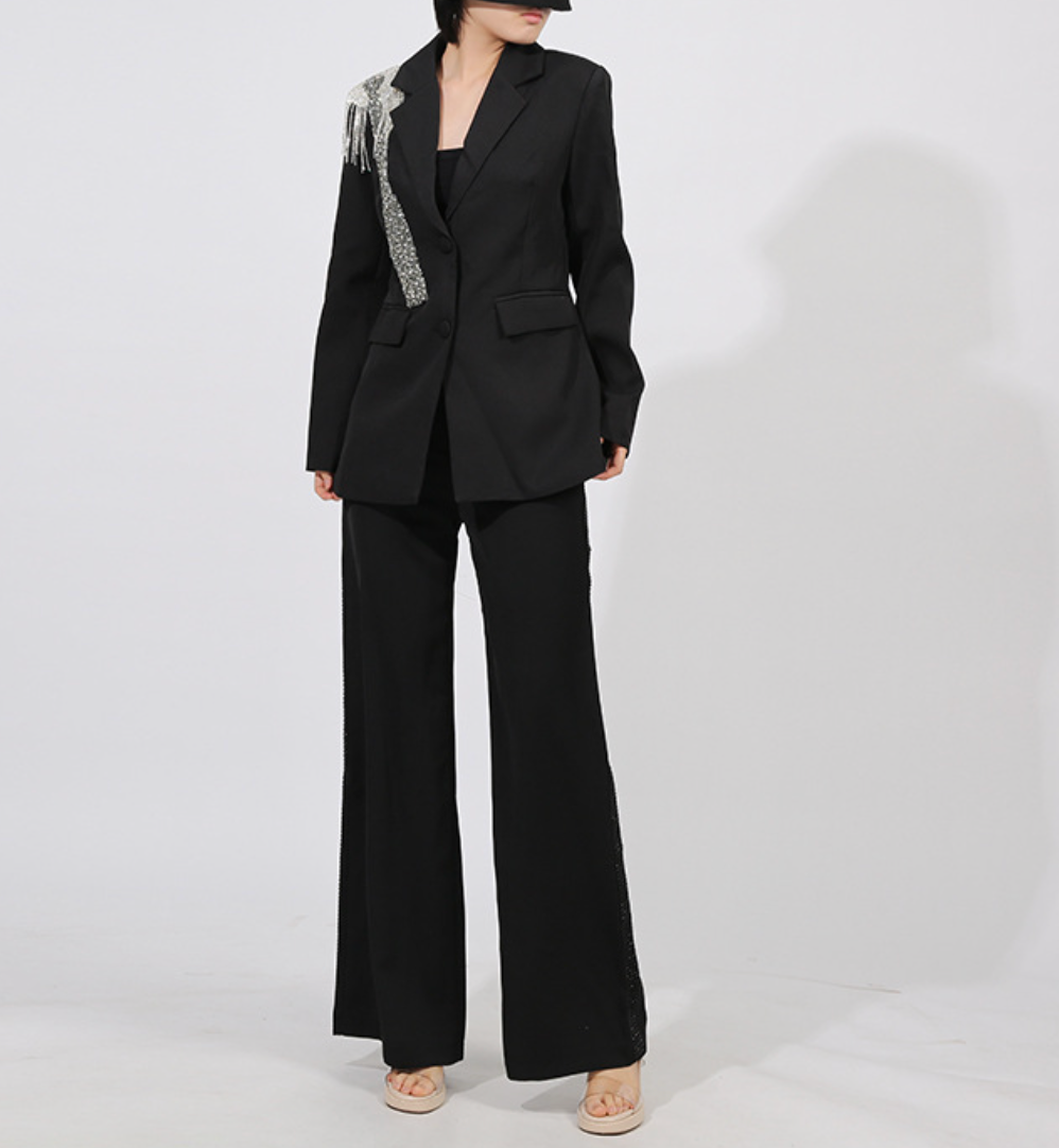 tailored blazer with crystal fringe shoulder embellishment – SILVER