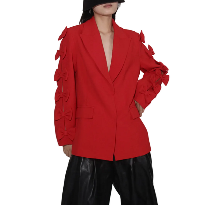 tailored blazer with bow-embellished sleeves – SCARLET