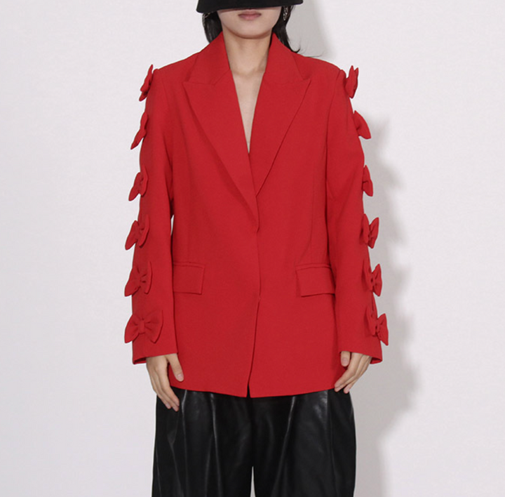 tailored blazer with bow-embellished sleeves – SCARLET