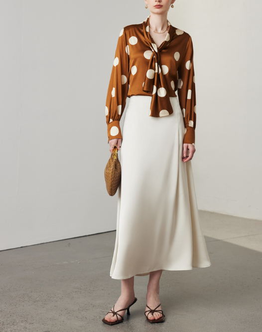 satin polka-dot blouse with draped tie-neck – LUMINA