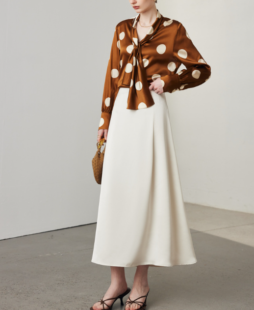 satin polka-dot blouse with draped tie-neck – LUMINA