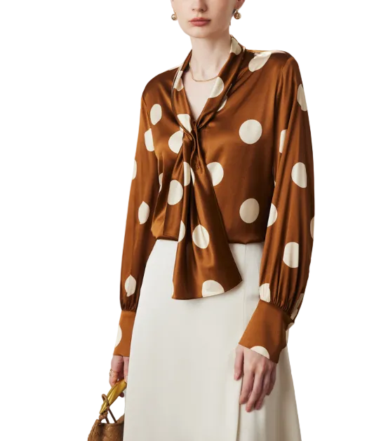 satin polka-dot blouse with draped tie-neck – LUMINA
