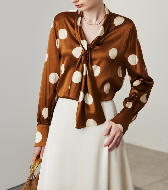 satin polka-dot blouse with draped tie-neck – LUMINA