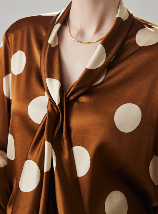 satin polka-dot blouse with draped tie-neck – LUMINA